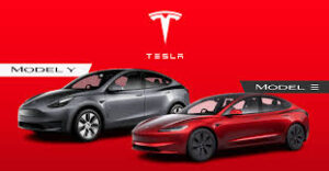 "Red Tesla Model Y accelerating on a highway"