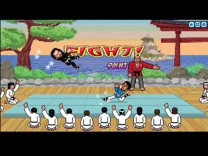 Two pixel-art fighters executing a combo move in karate bros games.
